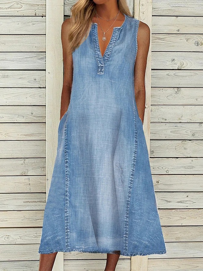 Solid Color Sleeveless V-neck Loose Casual Denim Dress