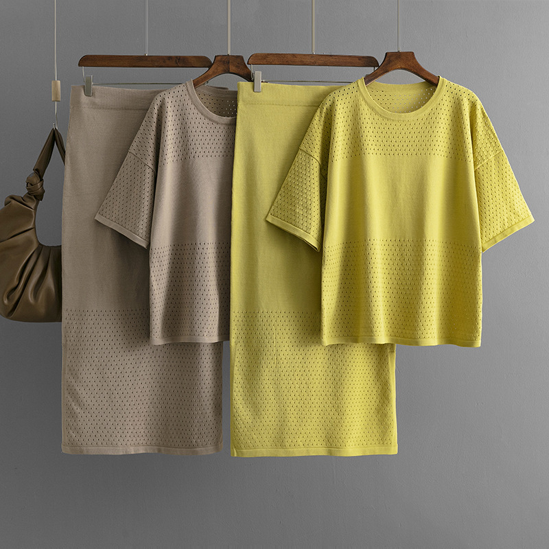 Hollow Short-sleeved Knitted Top Skirt Solid Color Casual Two-piece Set