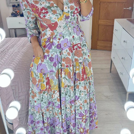 V-neck Floral Seaside Holiday Beach Skirt Loose Long Dress