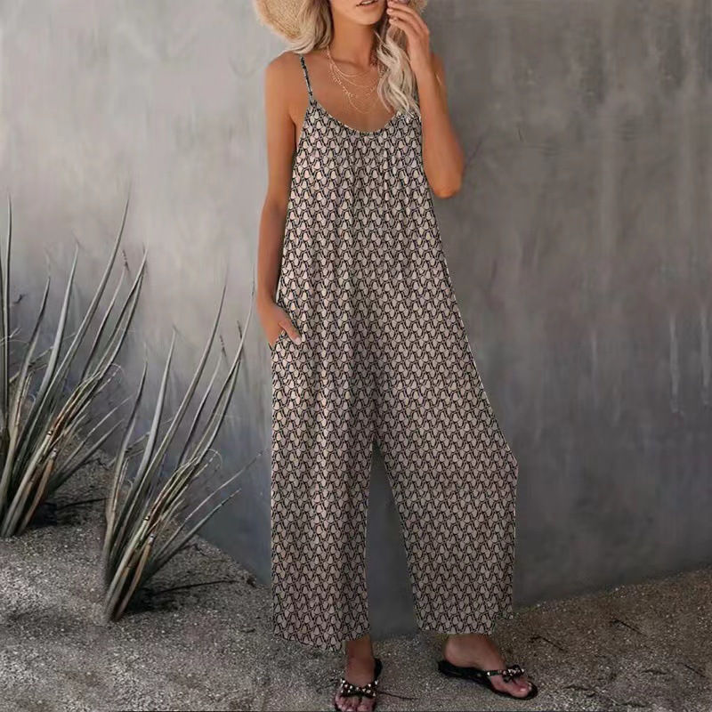 Printed Casual Sleeveless Loose Wide-Leg Jumpsuit