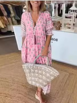 Bohemian V-Neck Fashion Printed Lantern Sleeve High Waist Pendulum Dress