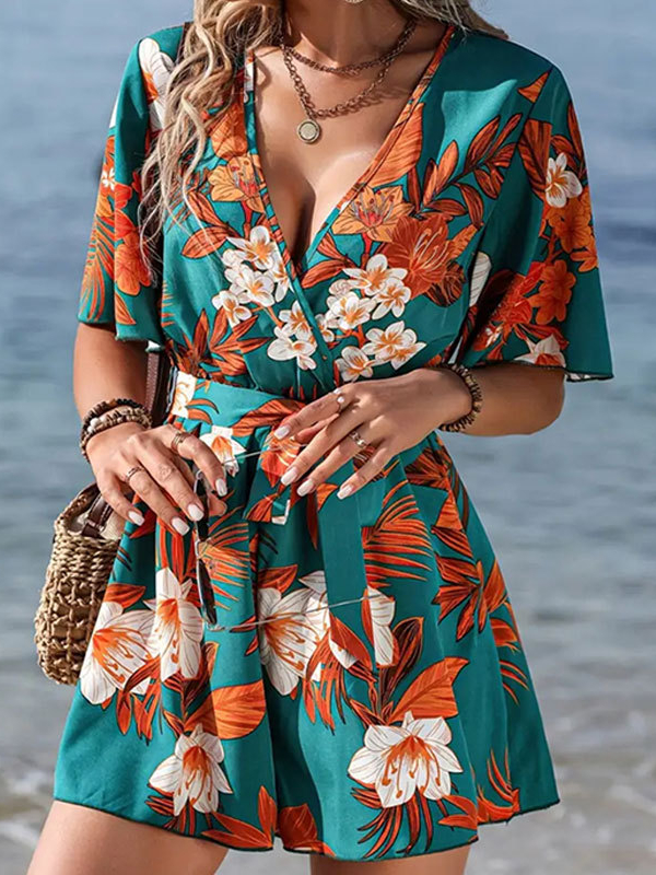 Beach Vacation Style Ruffle Sleeve Loose Printed Jumpsuit