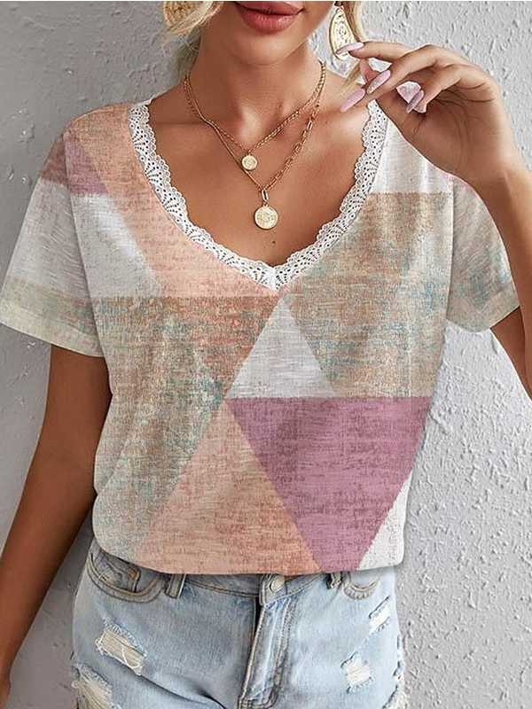 Lace V-neck Retro Geometric Printed Short-Sleeved T-shirt