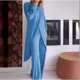 Fashion Casual Cross plus Size Irregular Long Sleeve Suit Wide Leg Pants Two-Piece Set