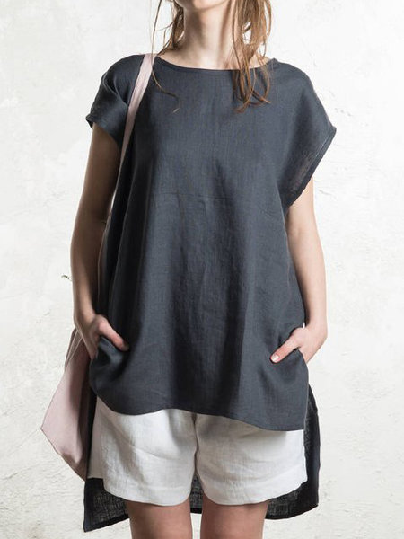 Cotton and Linen Top Front Short Back Length Batwing Short Sleeve T-shirt