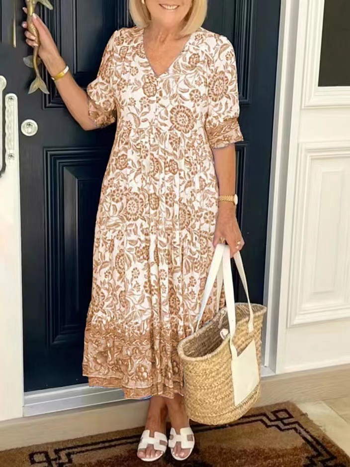 V-neck Floral Dress Seaside Holiday Beach Dress Loose Long Dress