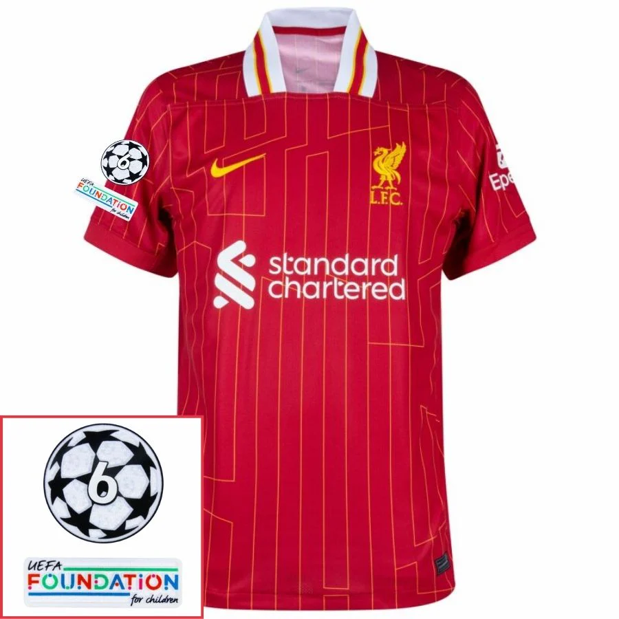 Liverpool Mohamed Salah 11 Home Fan Jersey 2024/25 Patches UCL UEFA Foundation (Official Printing)