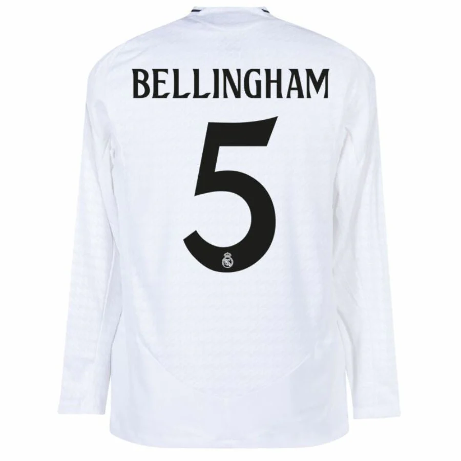 Real Madrid Bellingham 5 Home Fan Jersey Long Sleeve 2024/25 Patches UCL UEFA Foundation (Official Printing)