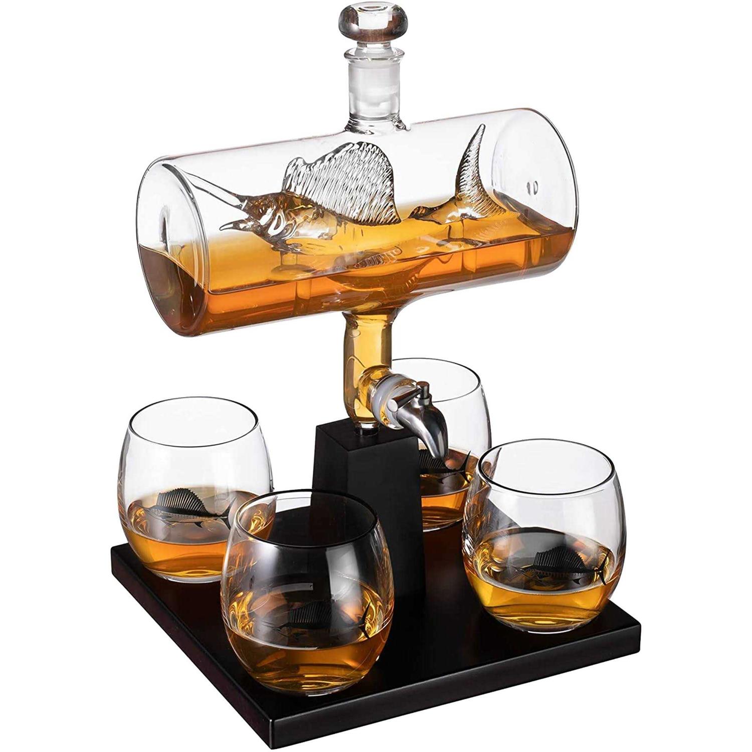 The Wine Savant Swordfish & Sailfish Wine &Whiskey Decanter Dispenser and 4 Liquor Glasses