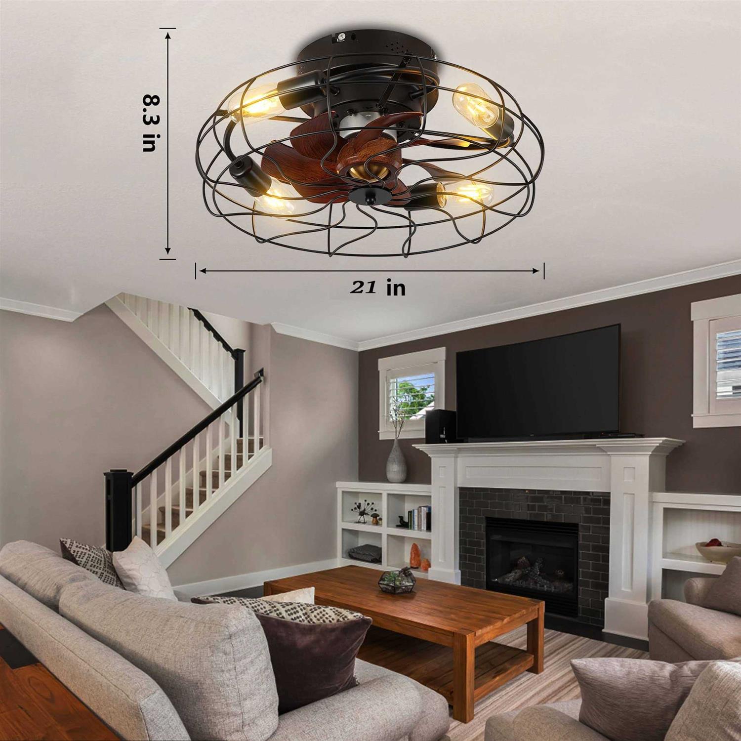 YUANYIJIA Caged Ceiling Fan With Lights Remote Control 21 Low Profile Farmhouse FlushMountFandelier