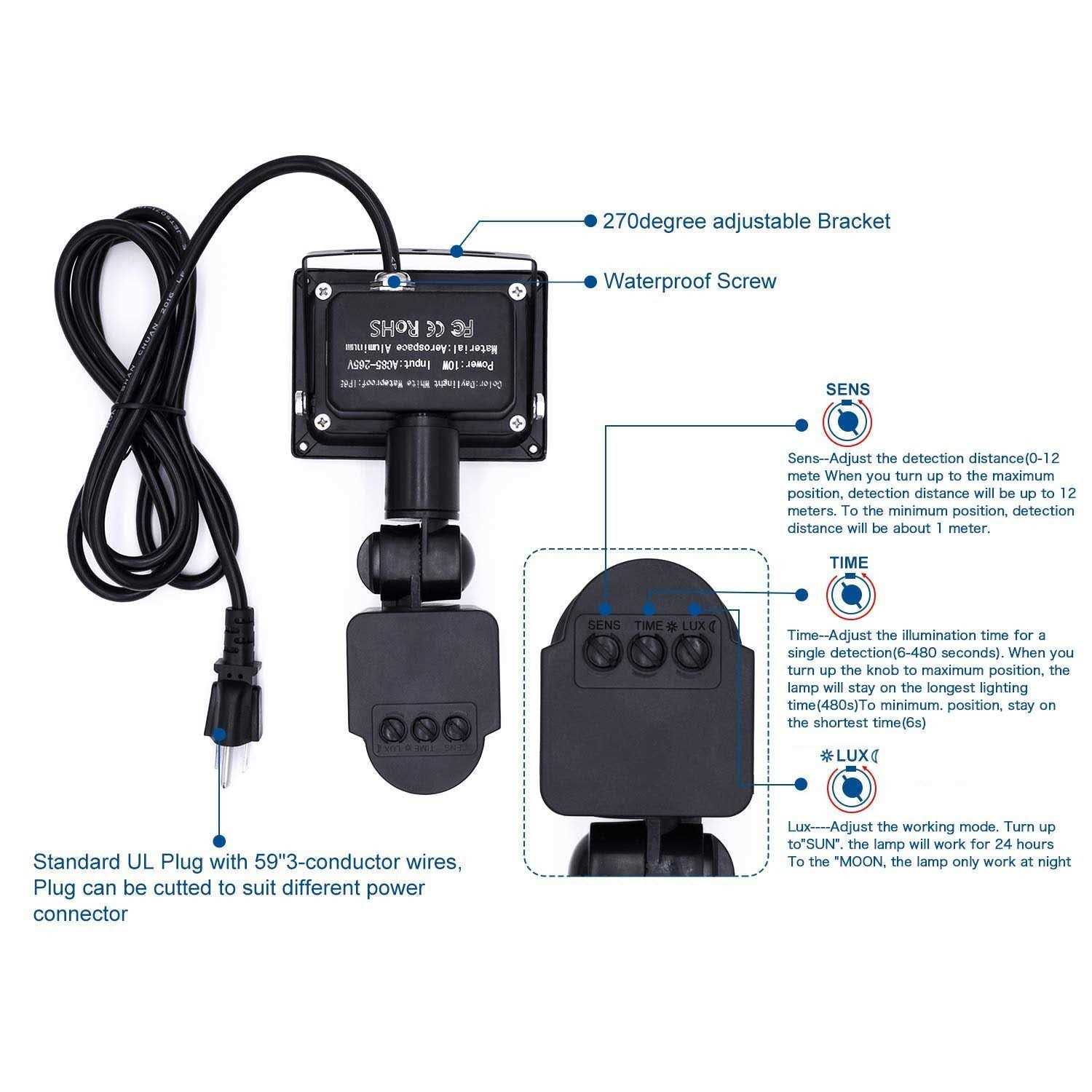 Z Motion Sensor Flood Lights Outdoor,10W Induction LED Lamp IP65 Waterproof Spotlight,6500K LED Sensor Light,Security Light with US 3-Plug