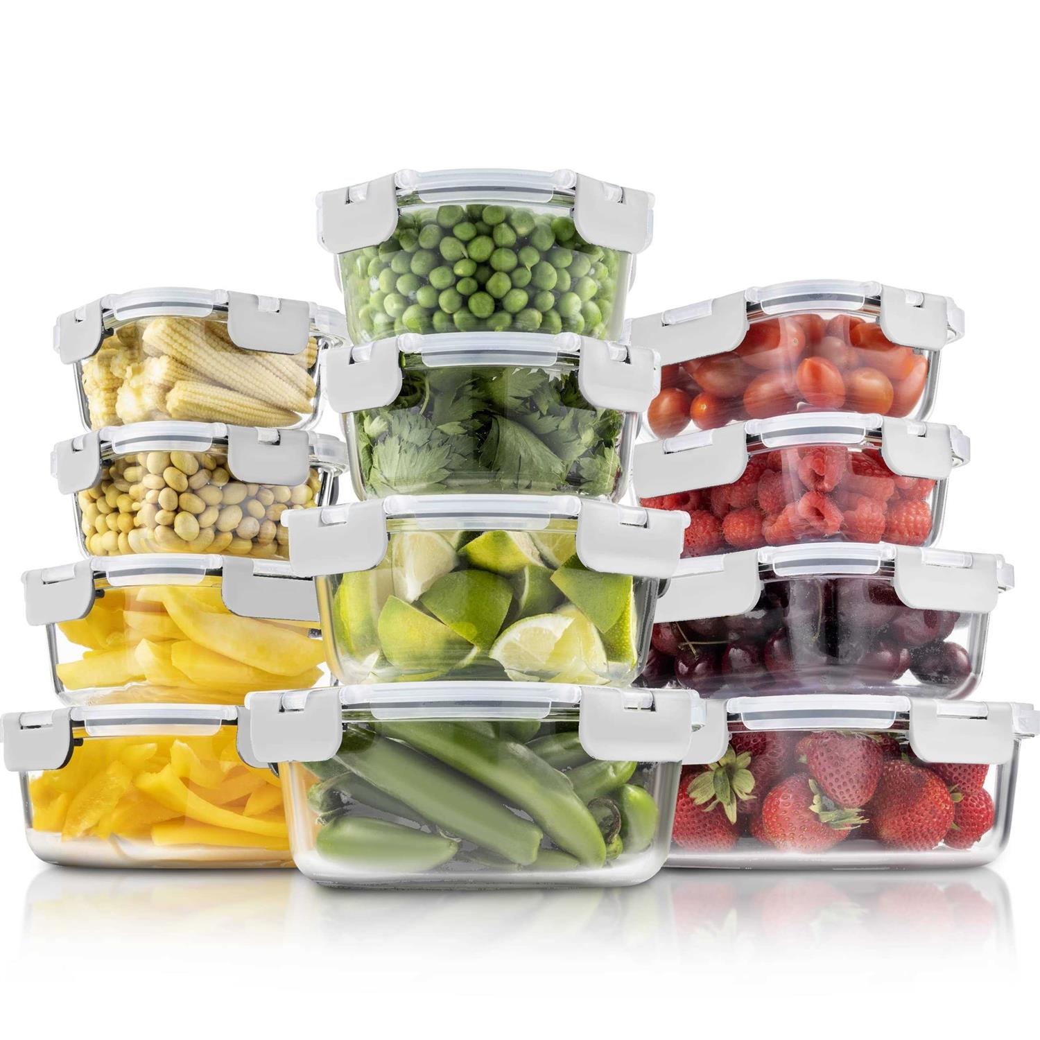 FineDine 24-piece Superior Glass Food Storage Containers Set Newly Innovated Hinged BPA-free Locking lids