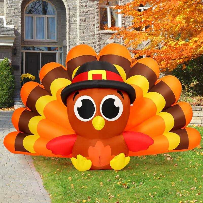 GOOSH 8 FT Long Thanksgiving Iatables Turkeys Outdoor Decorations Blow Up Yard Big Tail Turkey Baby with Pilgrim Hat with Built-in LEDs