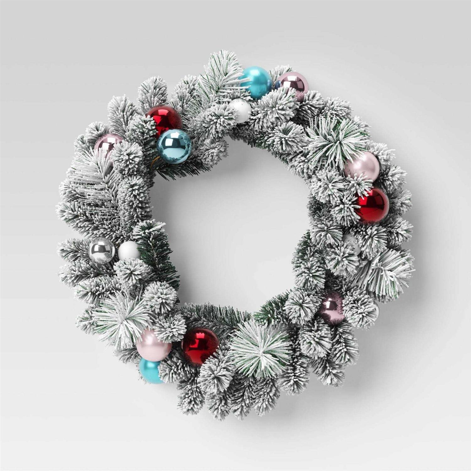 Wondershop 24 Flocked Pine with Ornaments Artificial Christmas Wreath Green/Brights