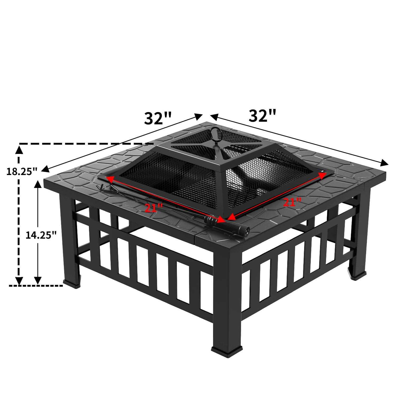 Devoko Outdoor 32 inch Square Metal Fire Pit with Cover and Poker
