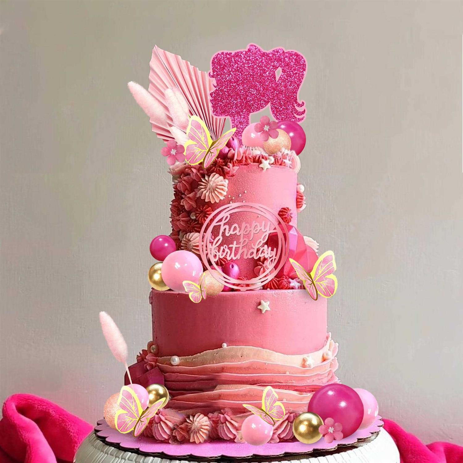 Hot Pink Girl Cake Toppers with Pink and Gold Butterfly Balls Cake Topper for Wedding Baby Shower Anniversary Girl Birthday Themed Party Supplies