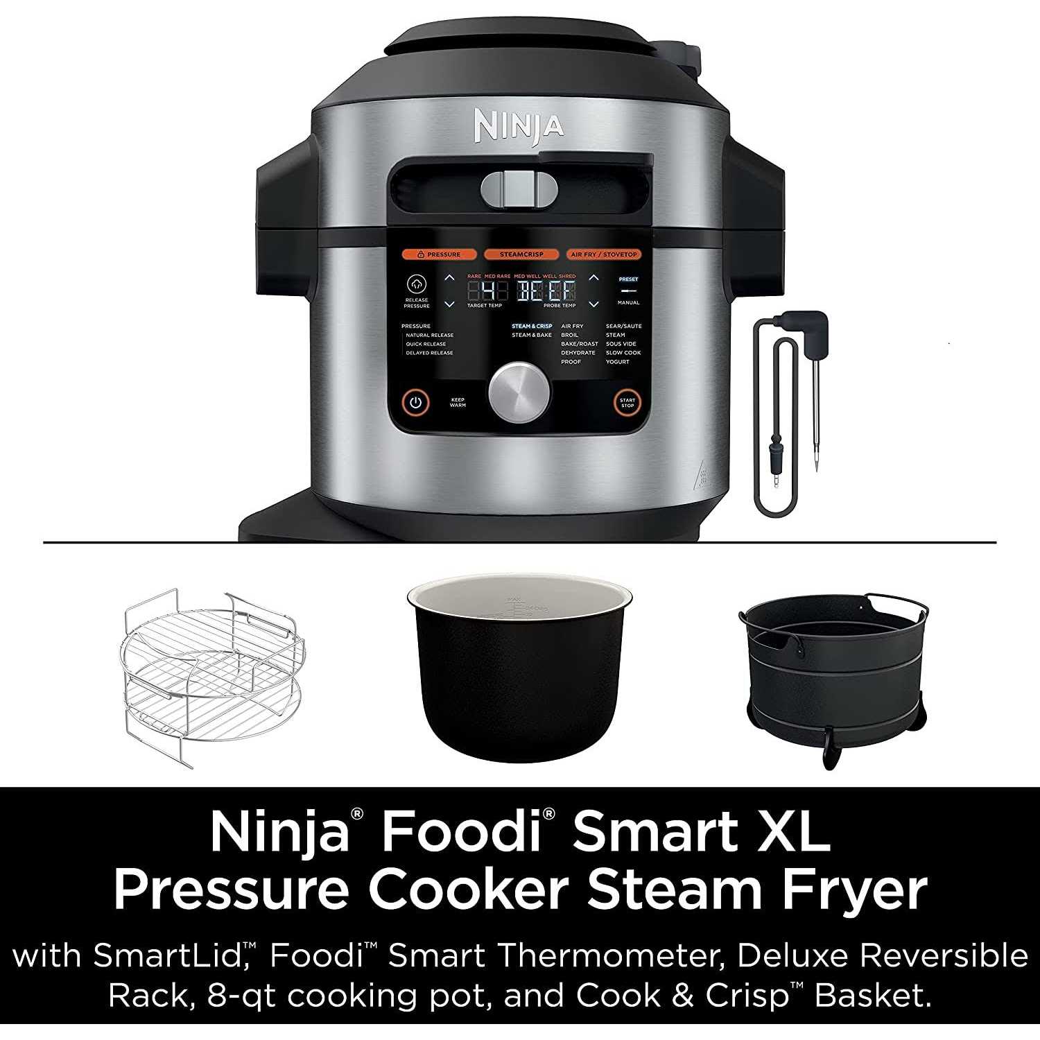 Ninja OL701 Foodi 14-in-1 SMART XL 8 Qt. Pressure Cooker Steam Fryer with SmartLid Thermometer Auto-Steam Release