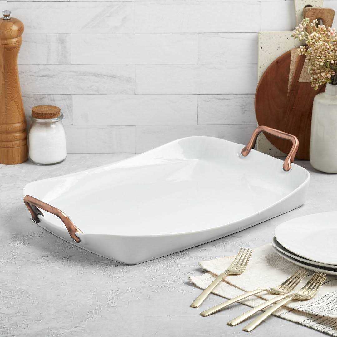 Denmark White Serving Tray with Copper Handles