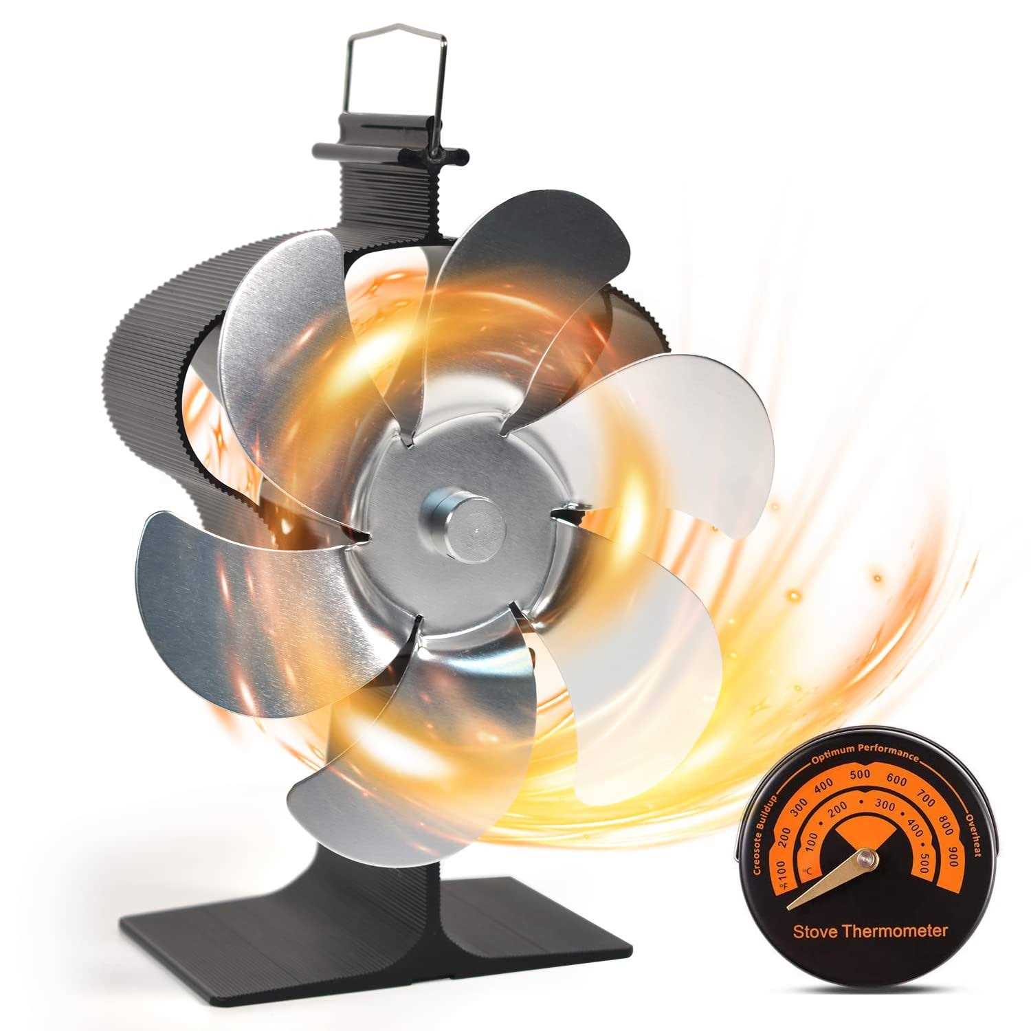 Holldoor 6 Blade Wood Stove Fan Heat Powered Non Electric Fireplace Fan with Stove Top Thermal Fan Thermometer for Wood Burning Stove/Fireplace