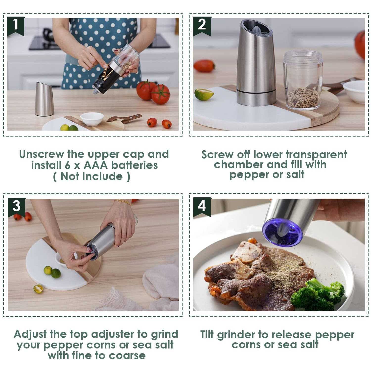 2 Pcs Electric Salt and Pepper Grinder Set Battery Operated One Hand Automatic Operation