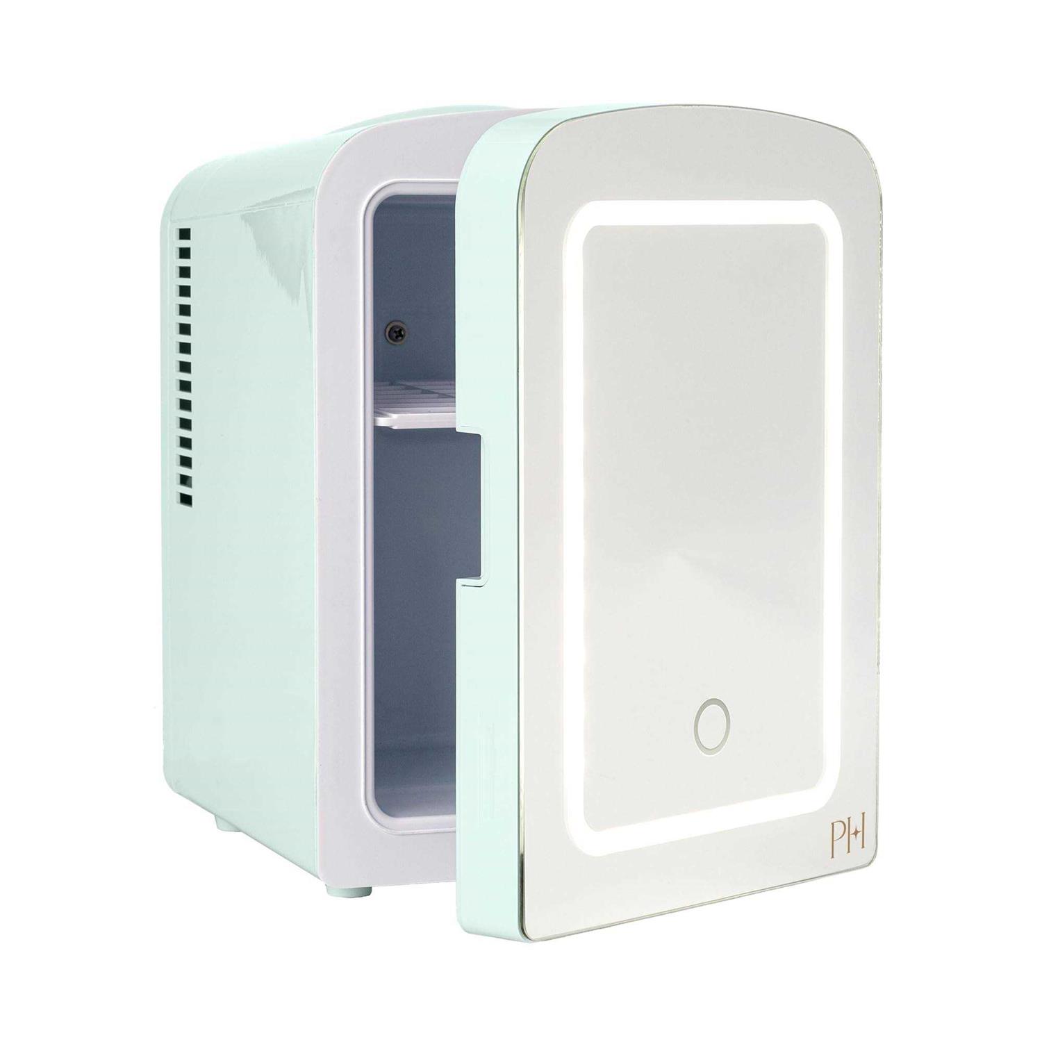 Paris Hilton Mini Refrigerator and Personal Beauty Fridge, Mirrored Door with Dimmable LED Light, Thermoelectric Cooling and Warming Function