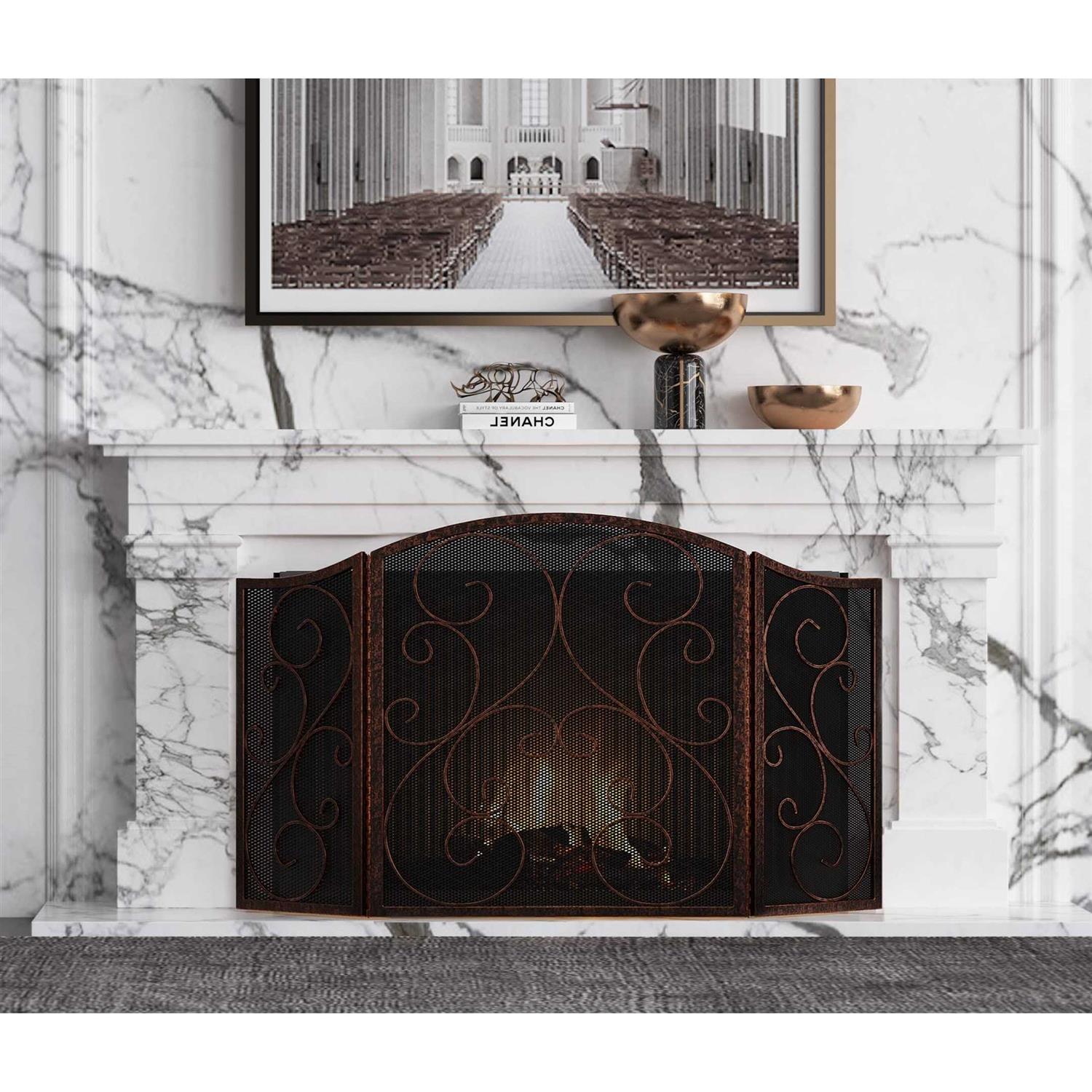 Fire Beauty Fireplace Screen 3 Panel Wrought Iron Black Metal 48 x30 Spark Guard Cover