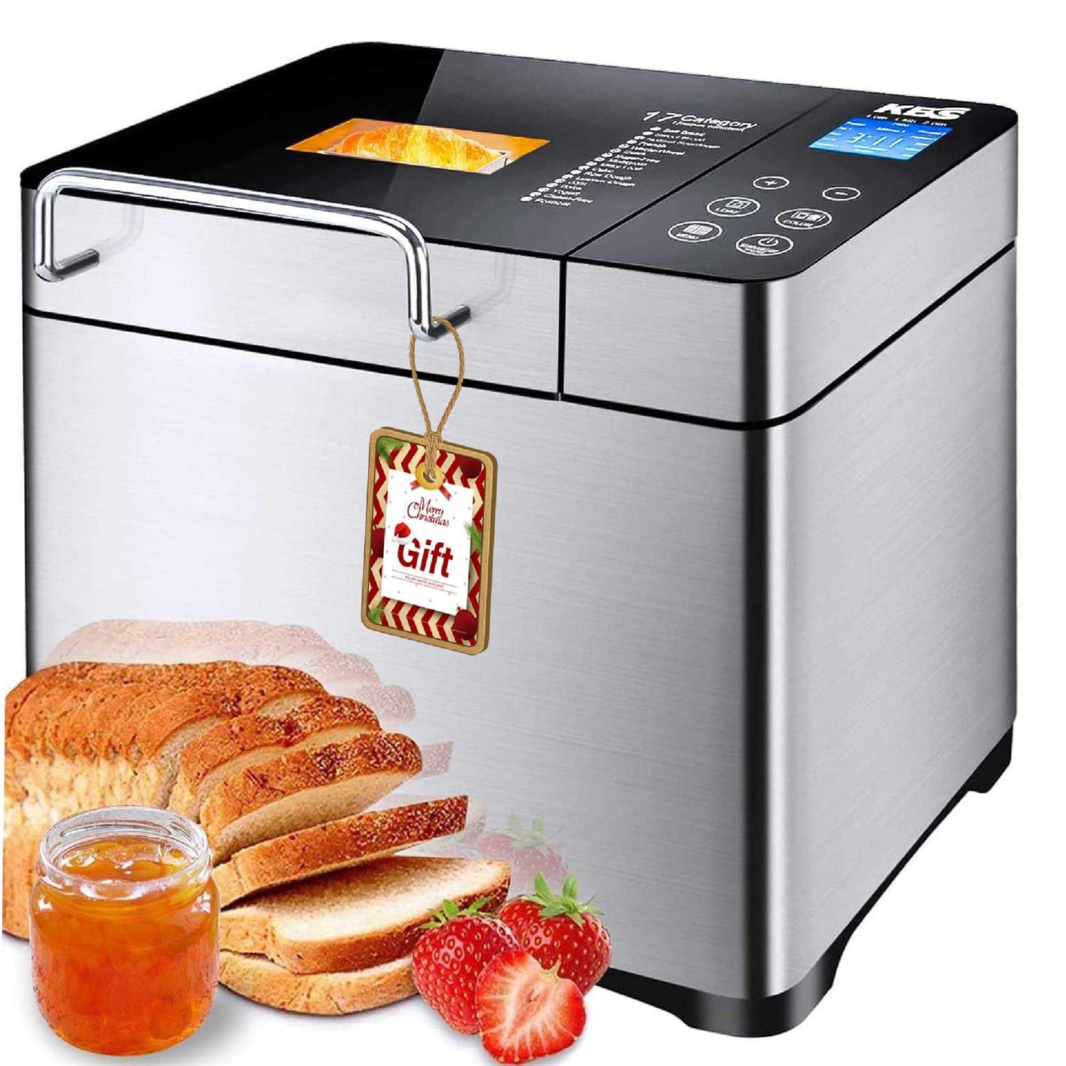 KBS Pro Stainless Steel Bread Machine 2LB 17-in-1 Programmable XL Bread Maker with Fruit Nut Dispenser