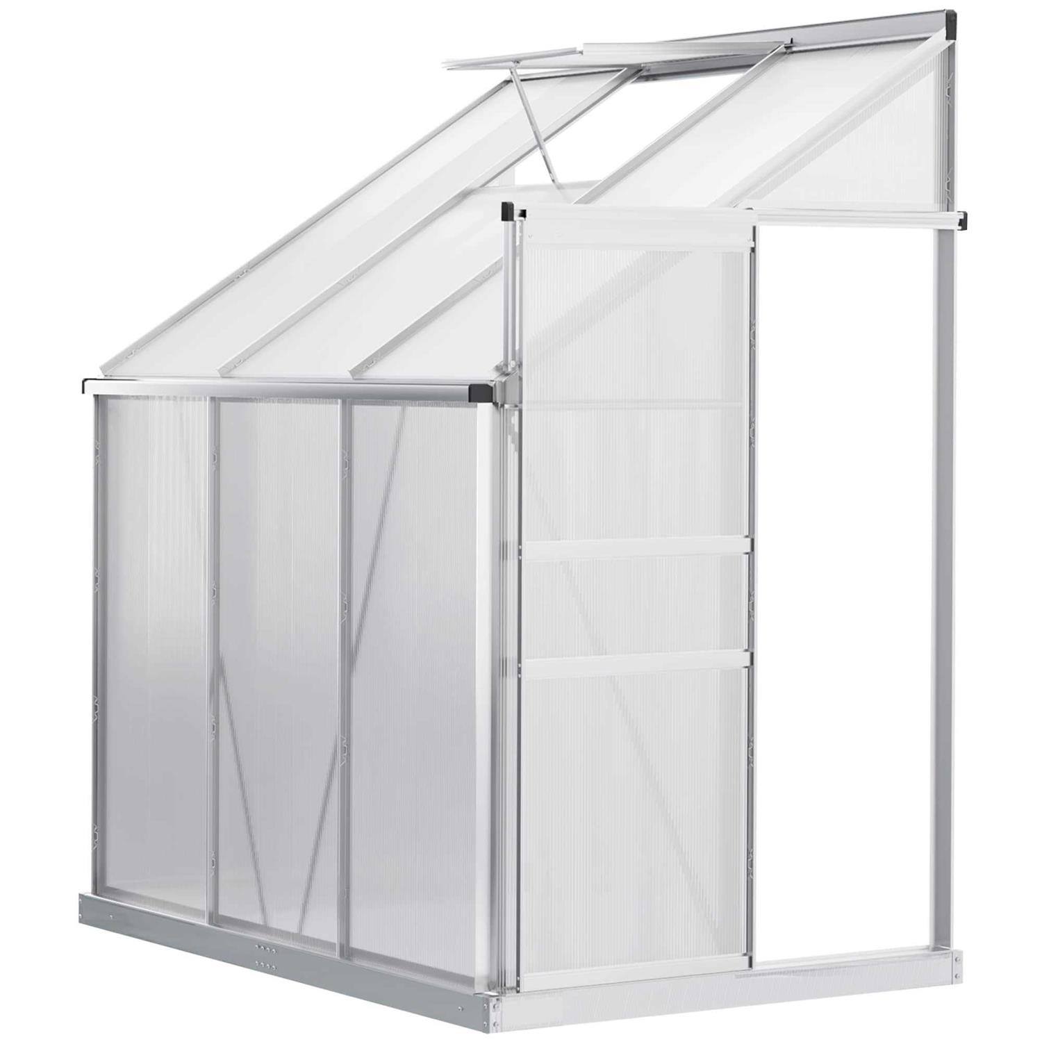 Outsunny 6′ x 4′ Aluminum Lean-to Greenhouse Polycarbonate Walk-in Garden Greenhouse with Adjustable Roof Vent, Rain Gutter and Sliding Door