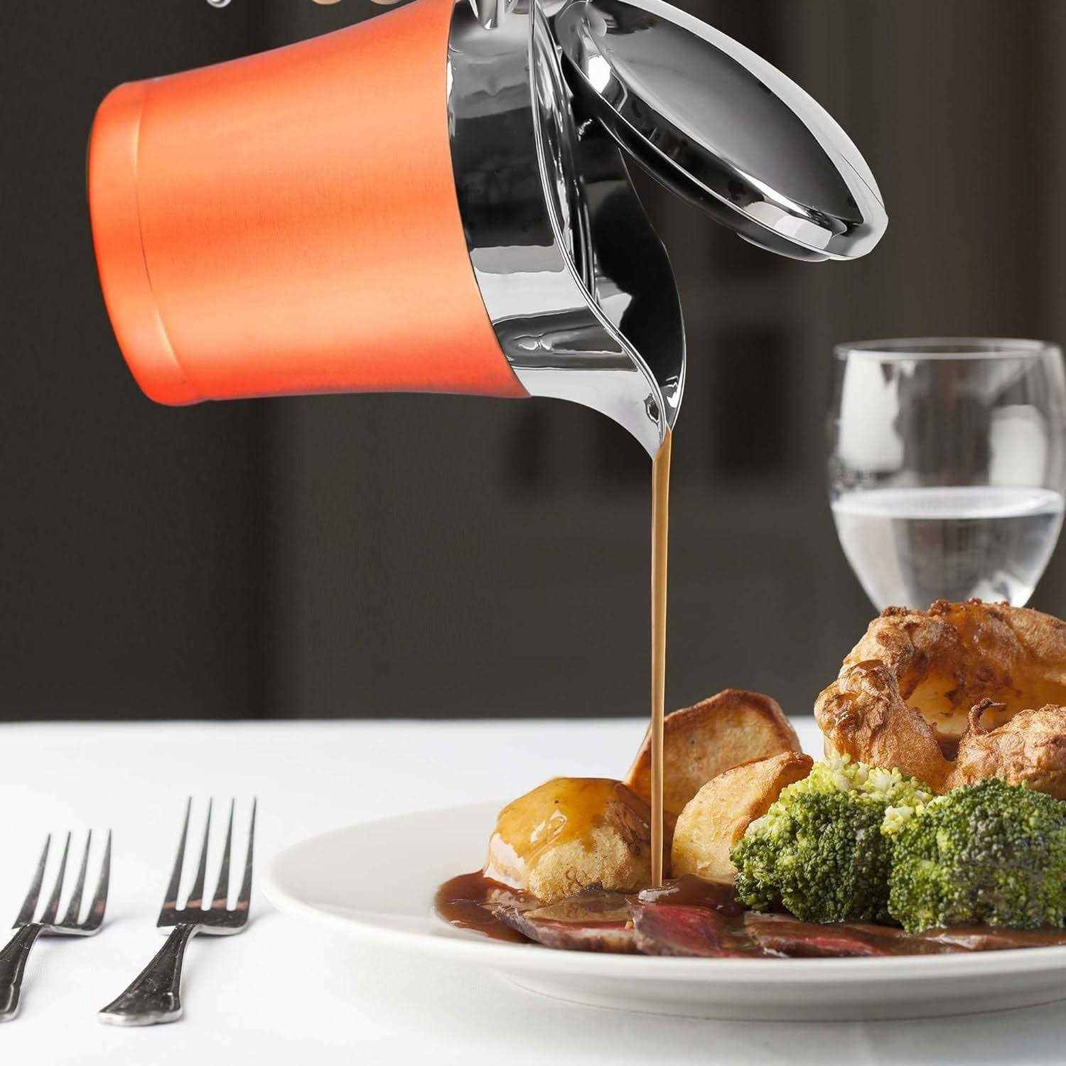 Ovente Stainless Steel Gravy Boat, Double Insulated Sauce Jug with Hinged Lid, 14oz Ideal for Serving Cream or Salad Dressing at Family Dinner