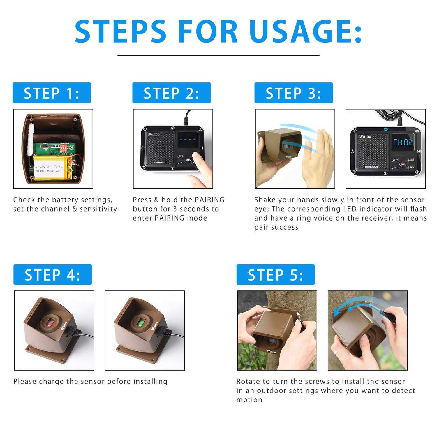 Wuloo Wireless Driveway Alarm 1800 Feet Long Range Motion Sensor Alert System Driveway Detector for Home with 1800mAh Rechargeable Battery