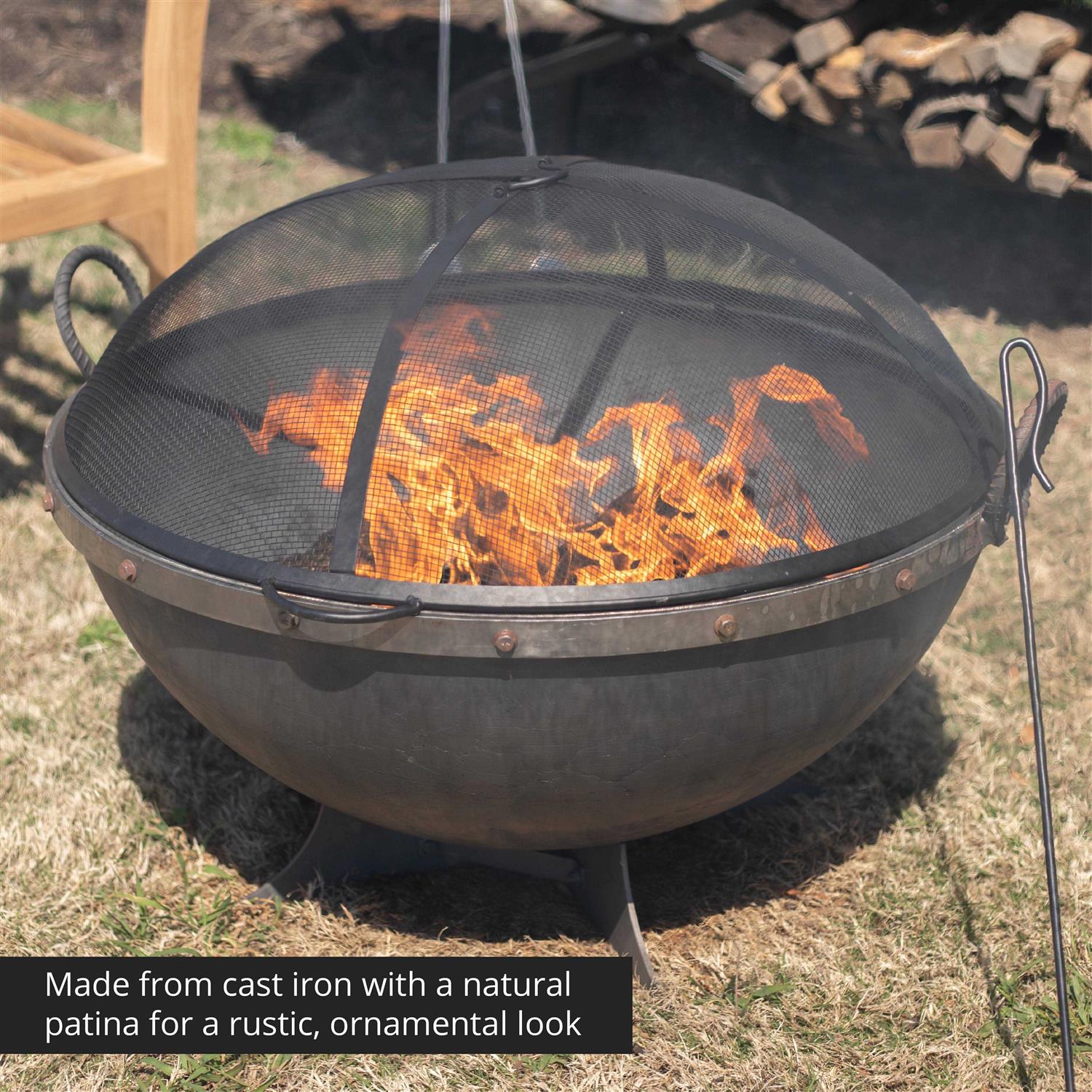 Titan Great Outdoors Hemisphere Fire Pit with Screen and Poker 32 Cast Iron