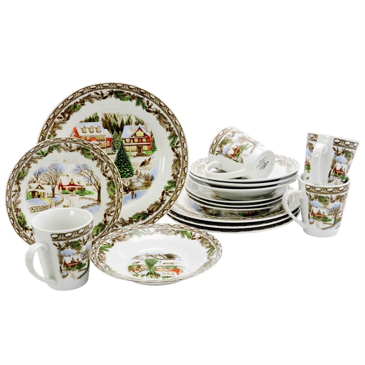 Gibson Home Christmas Toile 16 Piece Dinnerware Set
