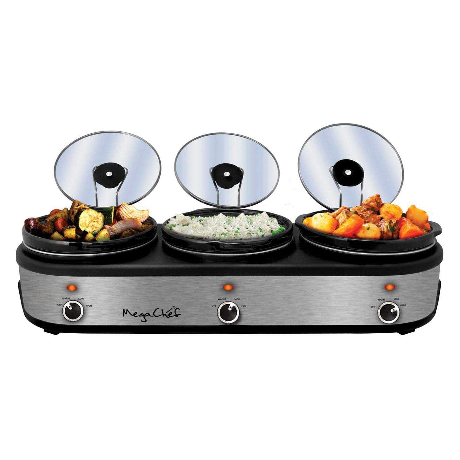 MegaChef Triple 2.5 Quart Slow Cooker and Buffet Server in Brushed