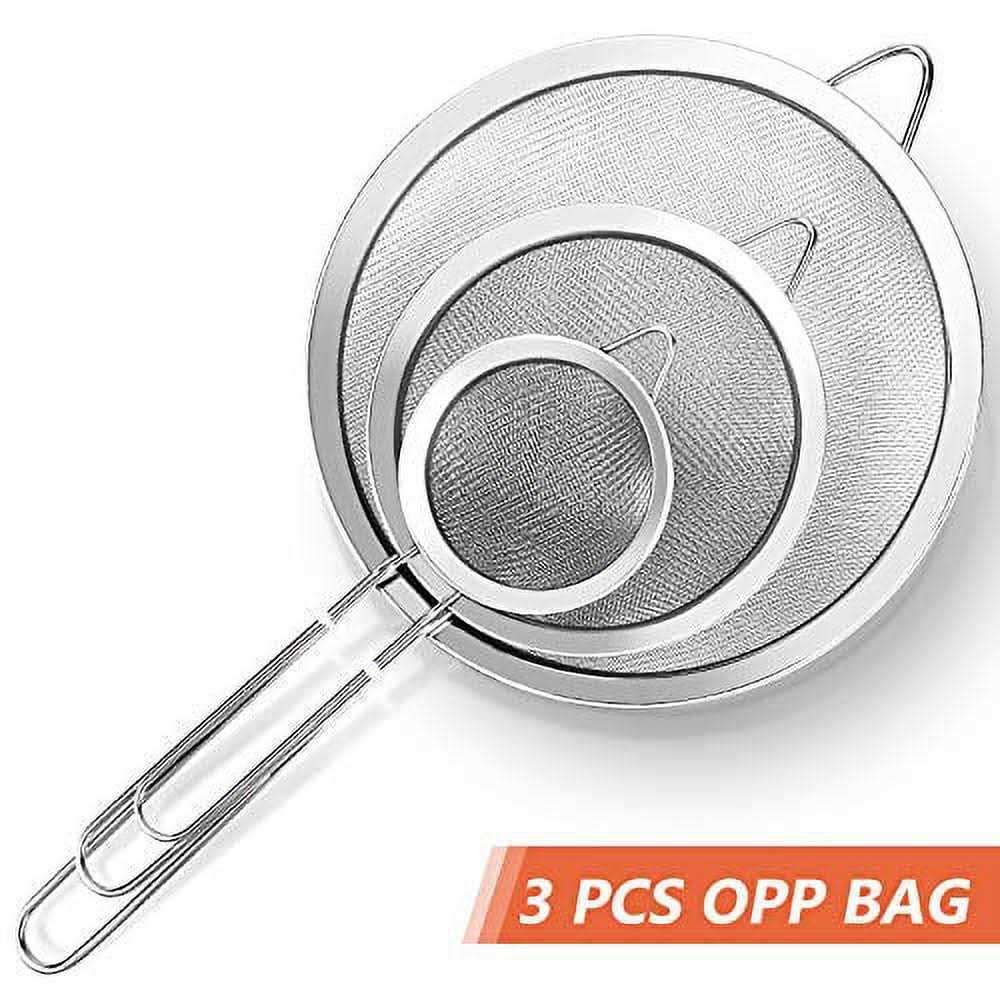 3 Pcs Super Wire Extra Fine Mesh Strainer with Handle Small Medium Large Size Sifter Metal