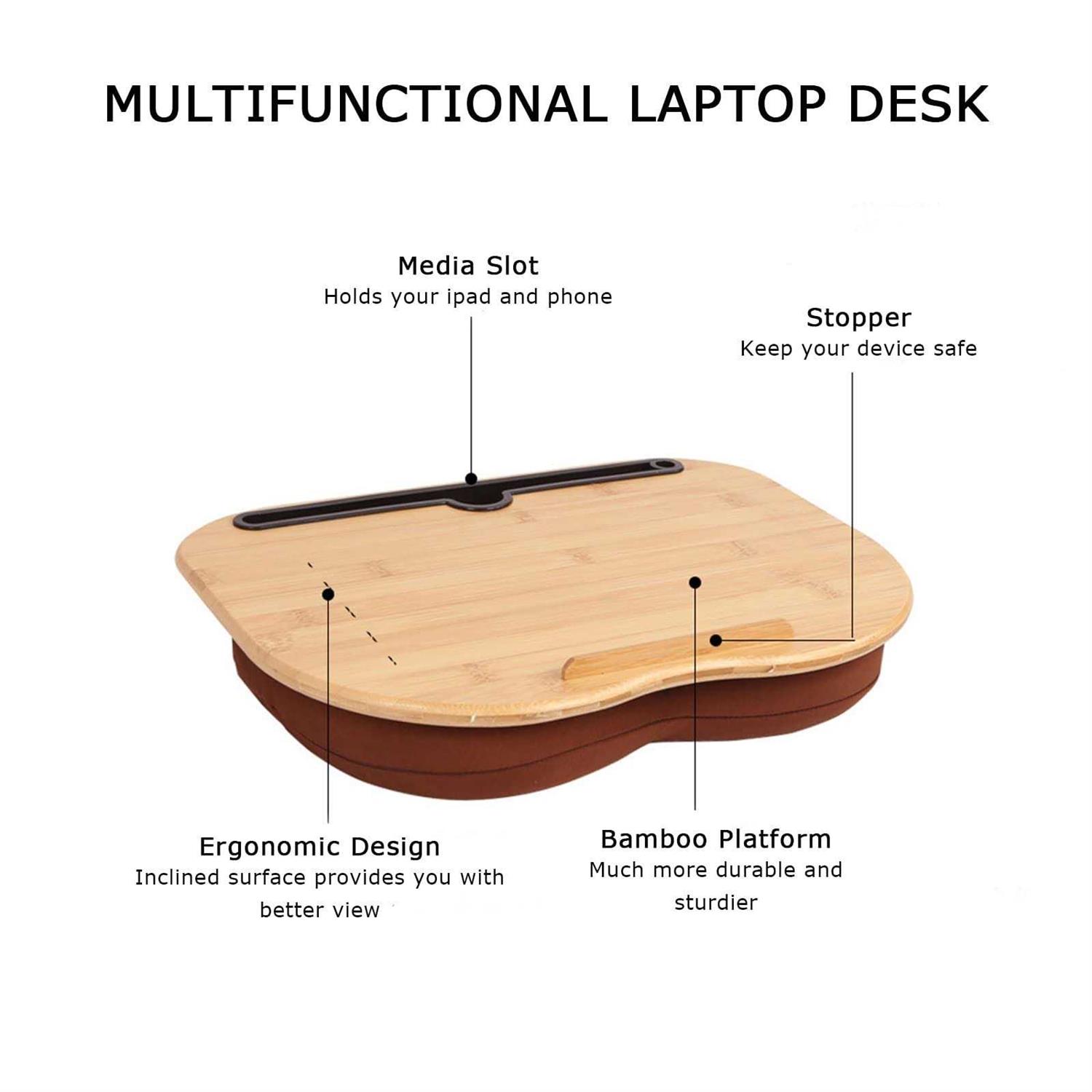 SUMISKY Lap Desk-Portable Laptop Table with Bamboo Platform Phone Holder Pillow Cushion Anti-Slip Stopper on Bed & Sofa