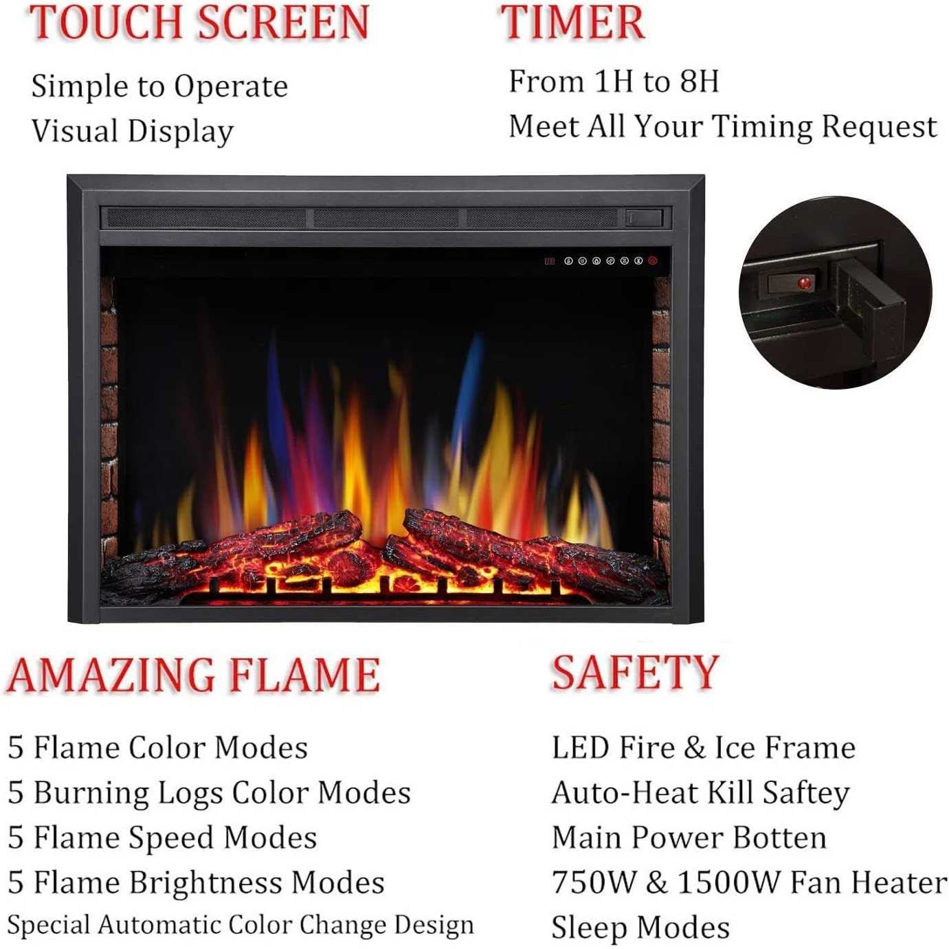 Electric Fireplace Insert Freestanding & Recessed Electric Heater Remote Control 750W/1500W R.W.FLAME