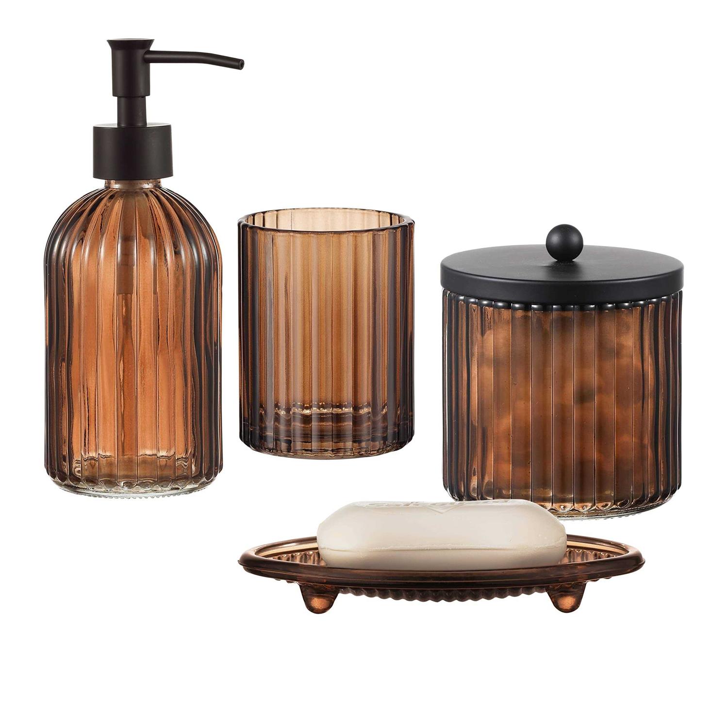 4PCs Heavy Weight Decent Glass Bathroom Accessories Set with Decorative Pressed Pattern