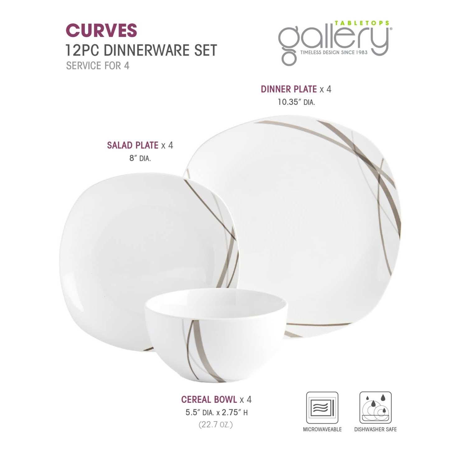 Tabletops Unlimited Curves Square 12-Pc Dinnerware Set