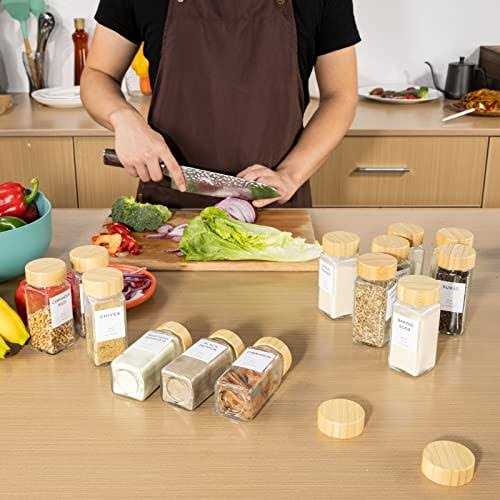 FavorFlavor 24 Pcs Spice Jars with Label 4.3OZ Thickened Glass Seasoning Jars with Bamboo Lids