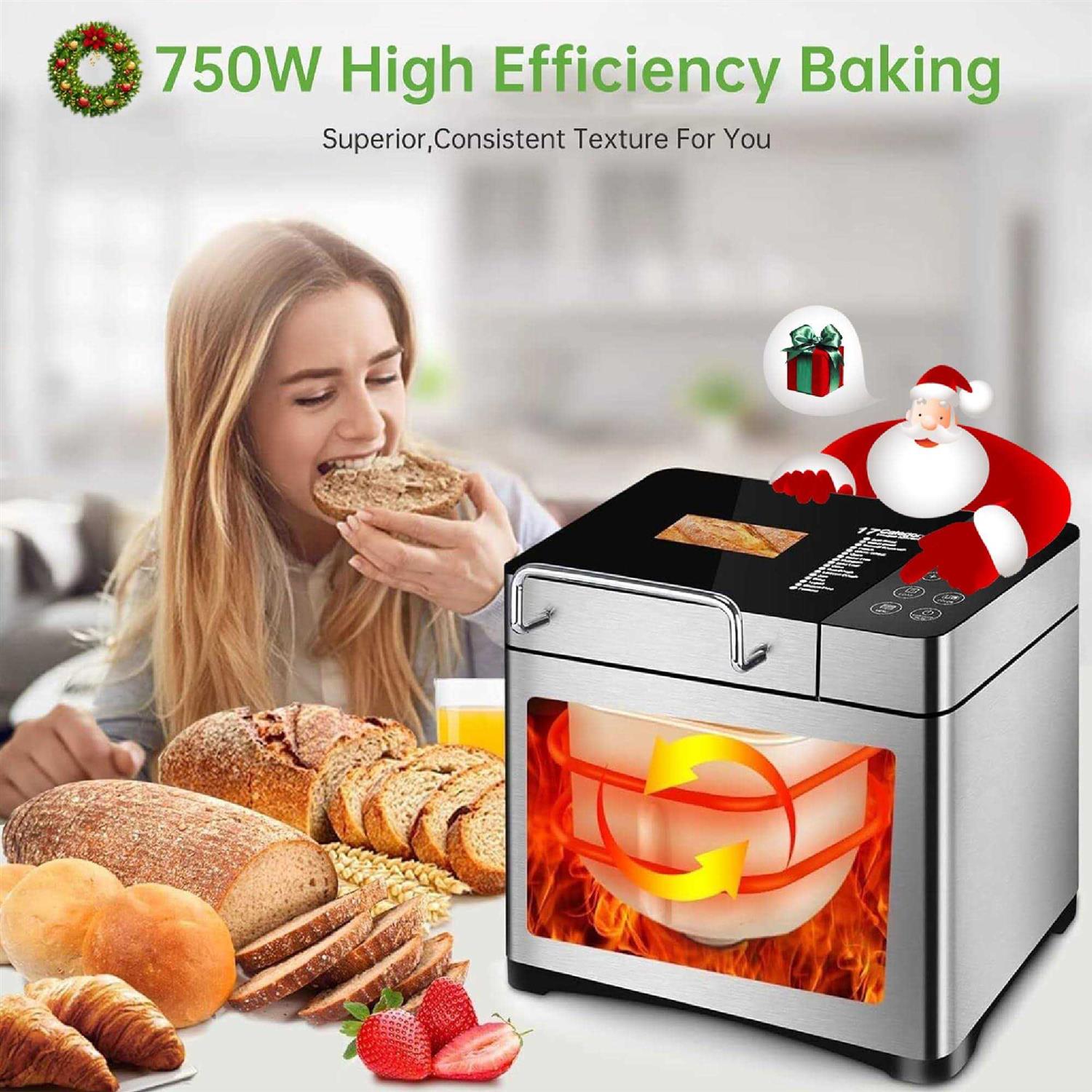 KBS Pro Stainless Steel Bread Machine 2LB 17-in-1 Programmable XL Bread Maker with Fruit Nut Dispenser