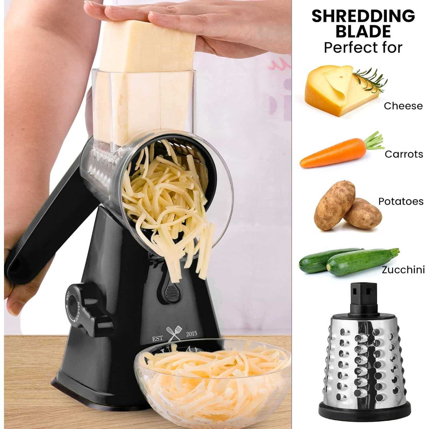 Zulay Kitchen Rotary Cheese Shredder Grater with 3 Replaceable Stainless Steel Drum Blades