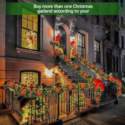 Christmas Garland with Lights 9FT Pre-Lit Artificial Christmas Green Garland for Stair Decorations with Spruce