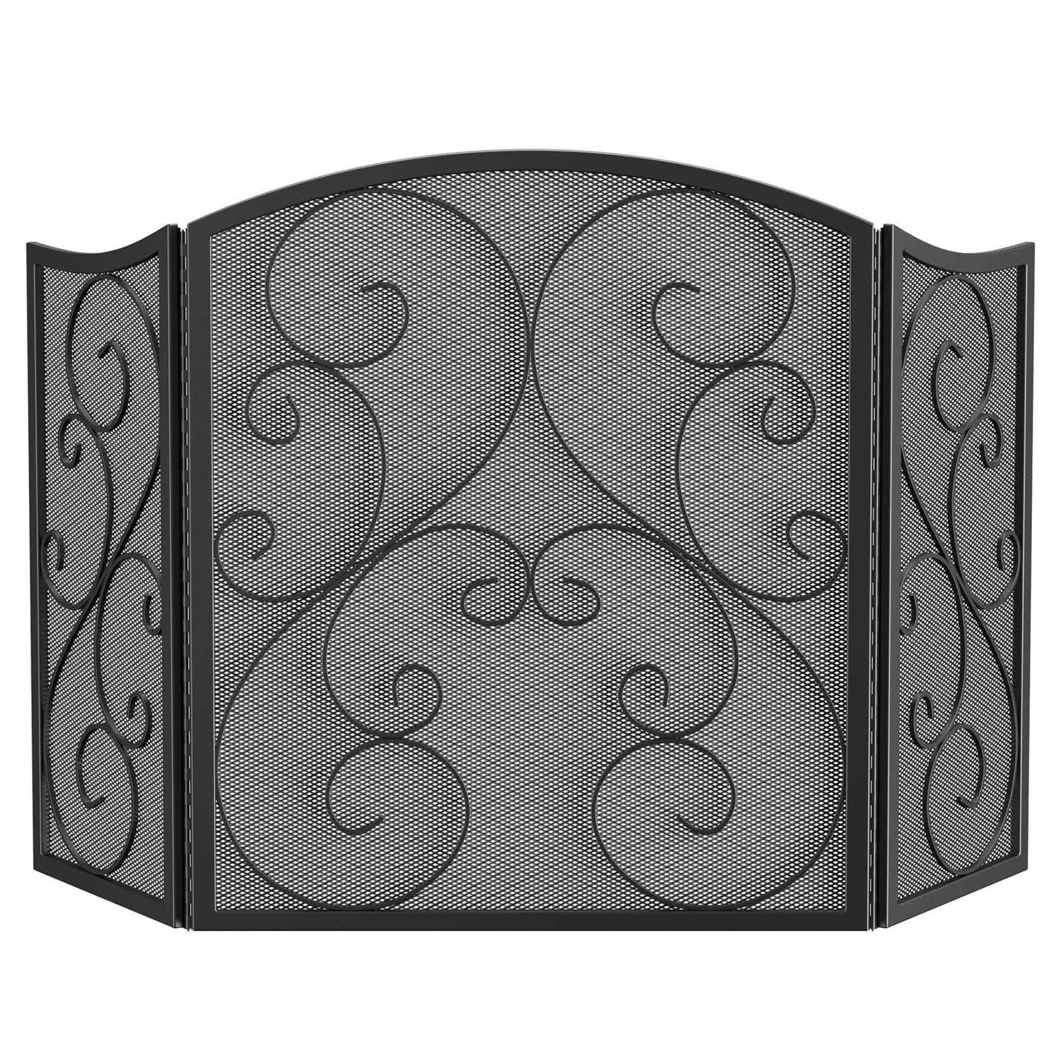 Fire Beauty Fireplace Screen 3 Panel Wrought Iron Black Metal 48 x30 Spark Guard Cover