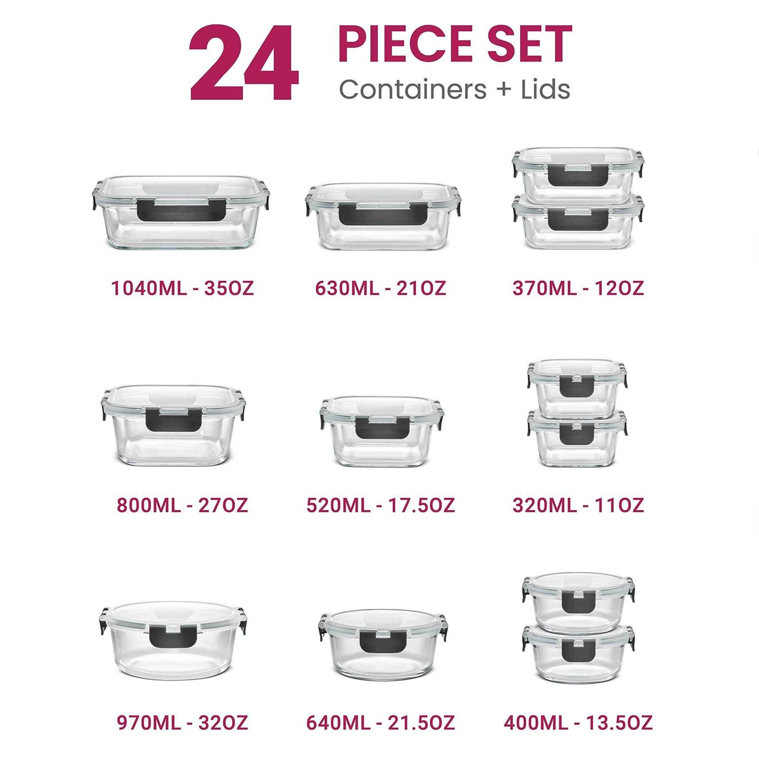 FineDine 24-piece Superior Glass Food Storage Containers Set Newly Innovated Hinged BPA-free Locking lids