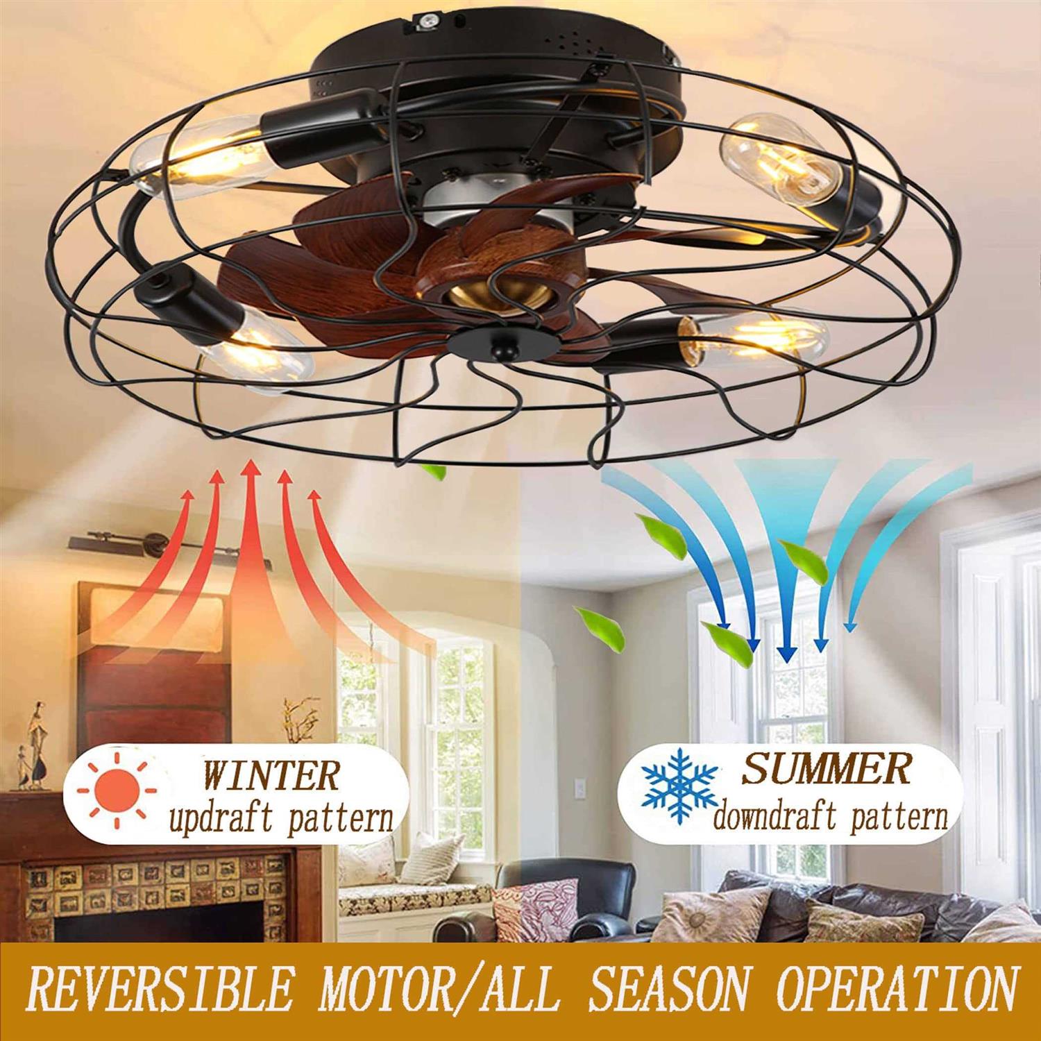 YUANYIJIA Caged Ceiling Fan With Lights Remote Control 21 Low Profile Farmhouse FlushMountFandelier