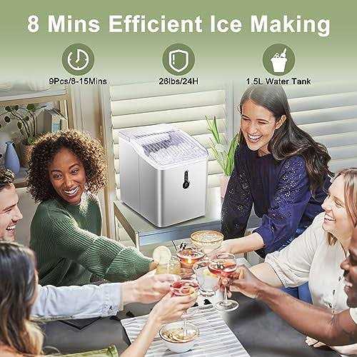 Ice Makers Countertop,Protable Ice Maker Machine with Ice Scoop and Ice Basket,26lbs/24H,9 Bullet Cubes Ready in 8 Mins,for Home/Kitchen/Camping/RV