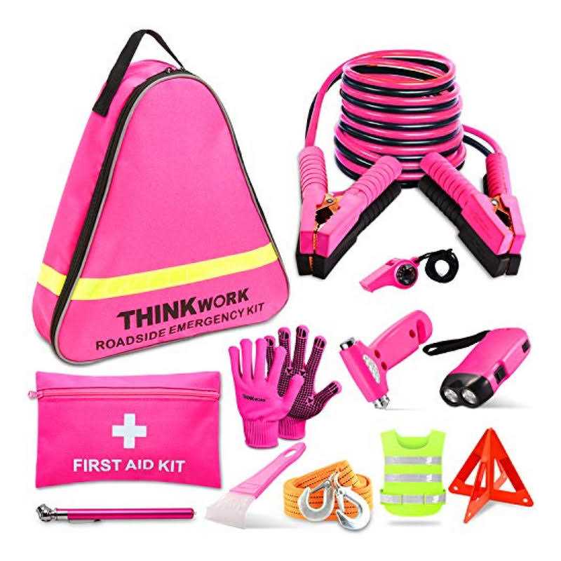 Thinkwork Car Emergency Kit for Teen Girl and Lady’s Gifts Pink Emergency Roadside Assistance Kit with 10ft Jumper