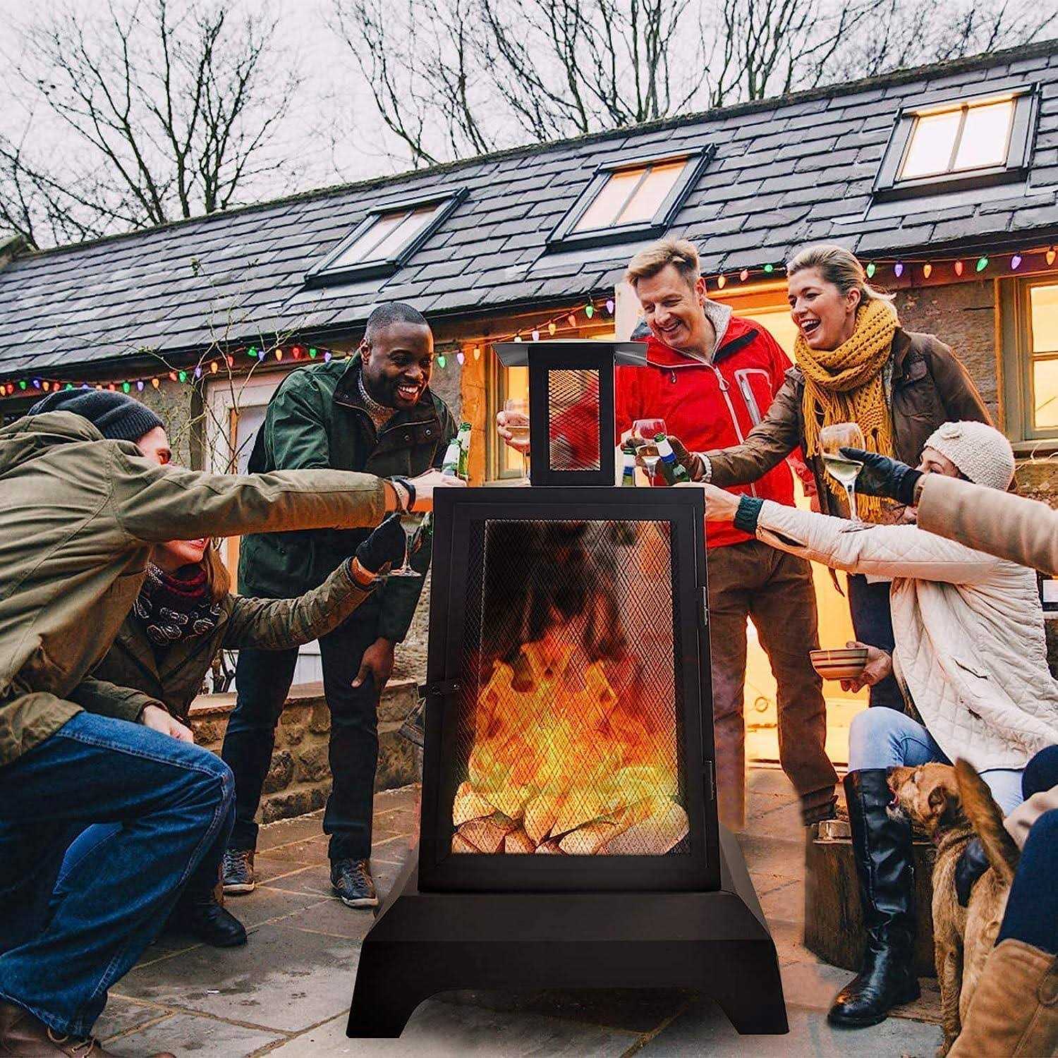 NSdirect Large Fire Pit Steel Wood Burning Outdoor Fireplace Tower 44 High Big Patio Firepits with Mesh Screen Cover