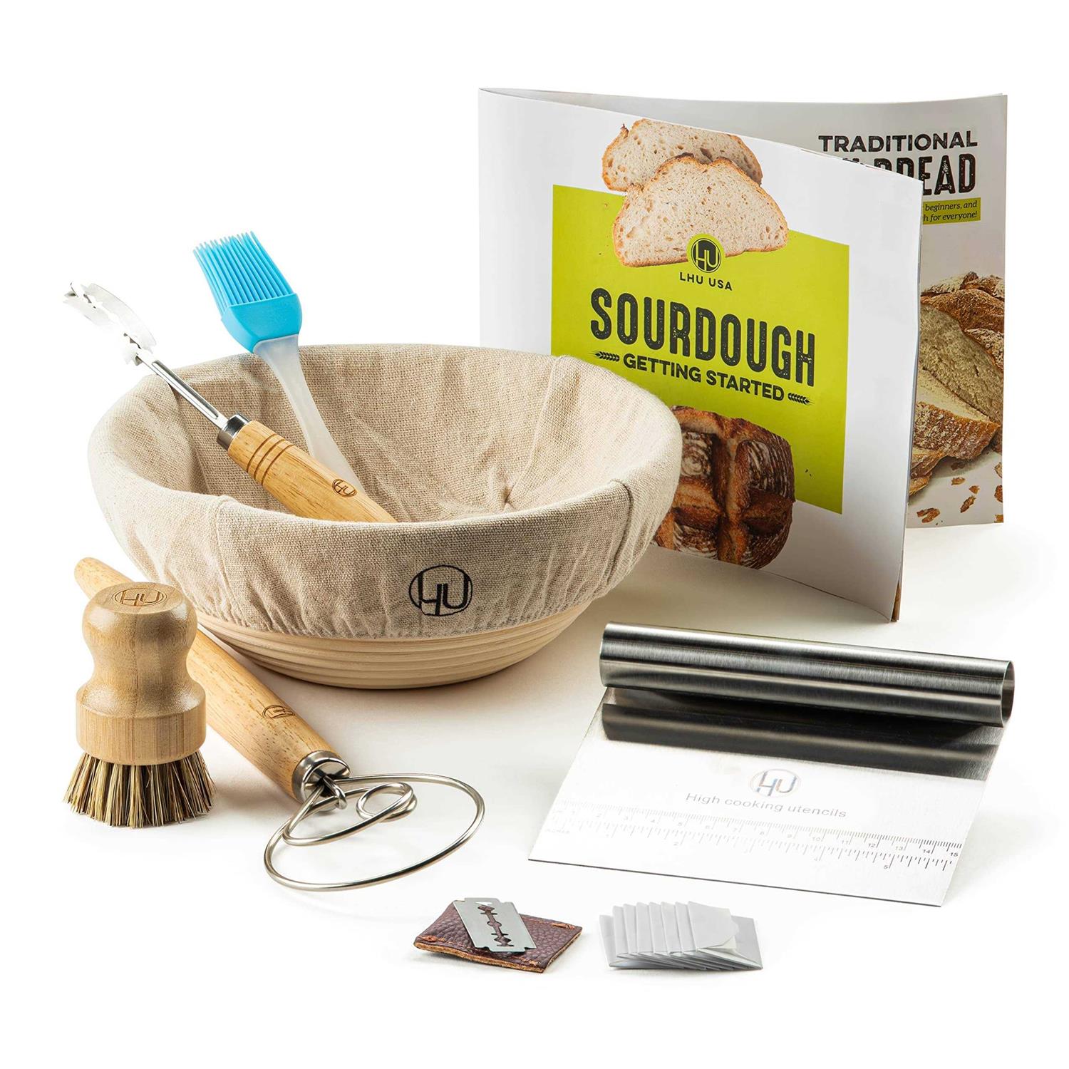 Sourdough Start Kit – Sourdough Bread Baking Supplies with Banneton Bread Proofing Basket Bowl, Cloth, Whisk, Bread Lame, Dough Scraper, 2 Brushes –