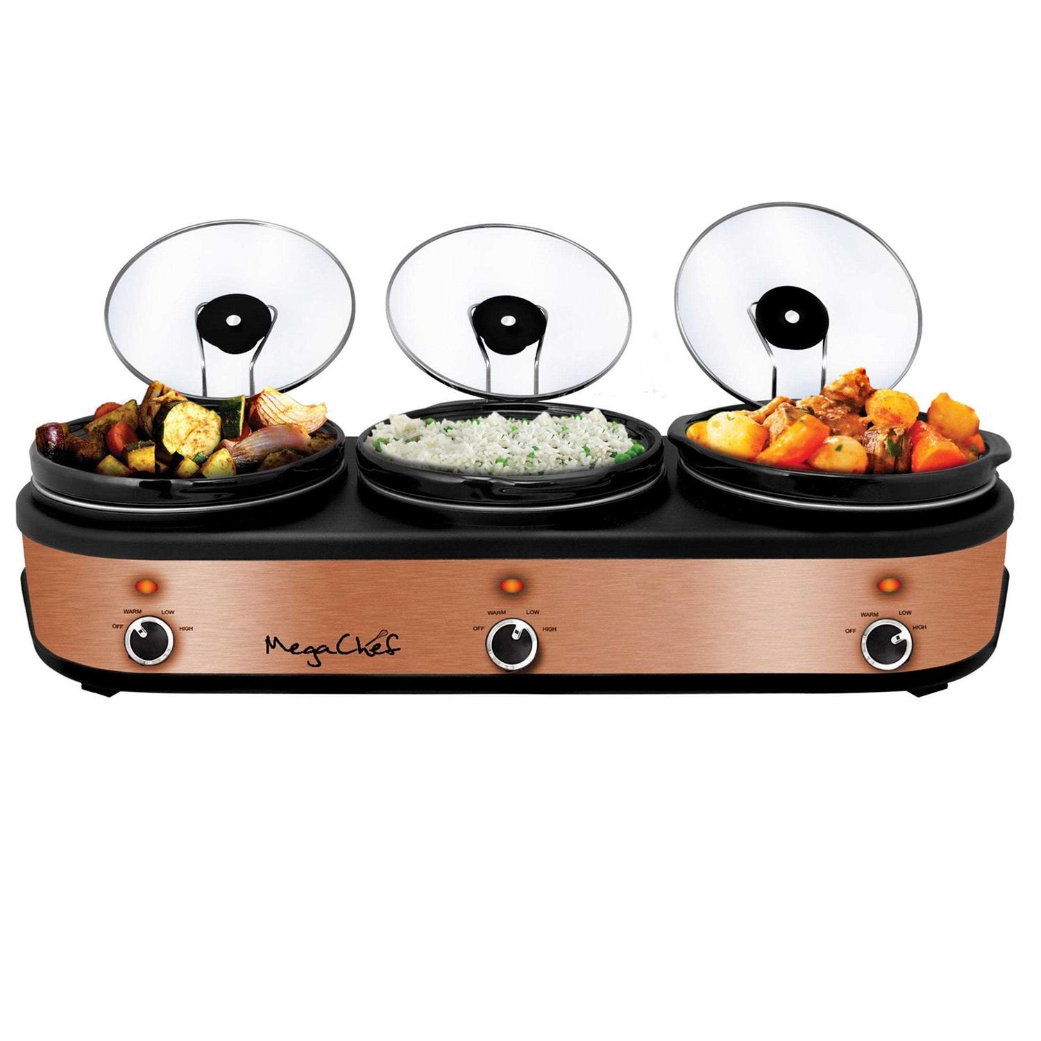 MegaChef Triple 2.5 Quart Slow Cooker and Buffet Server in Brushed